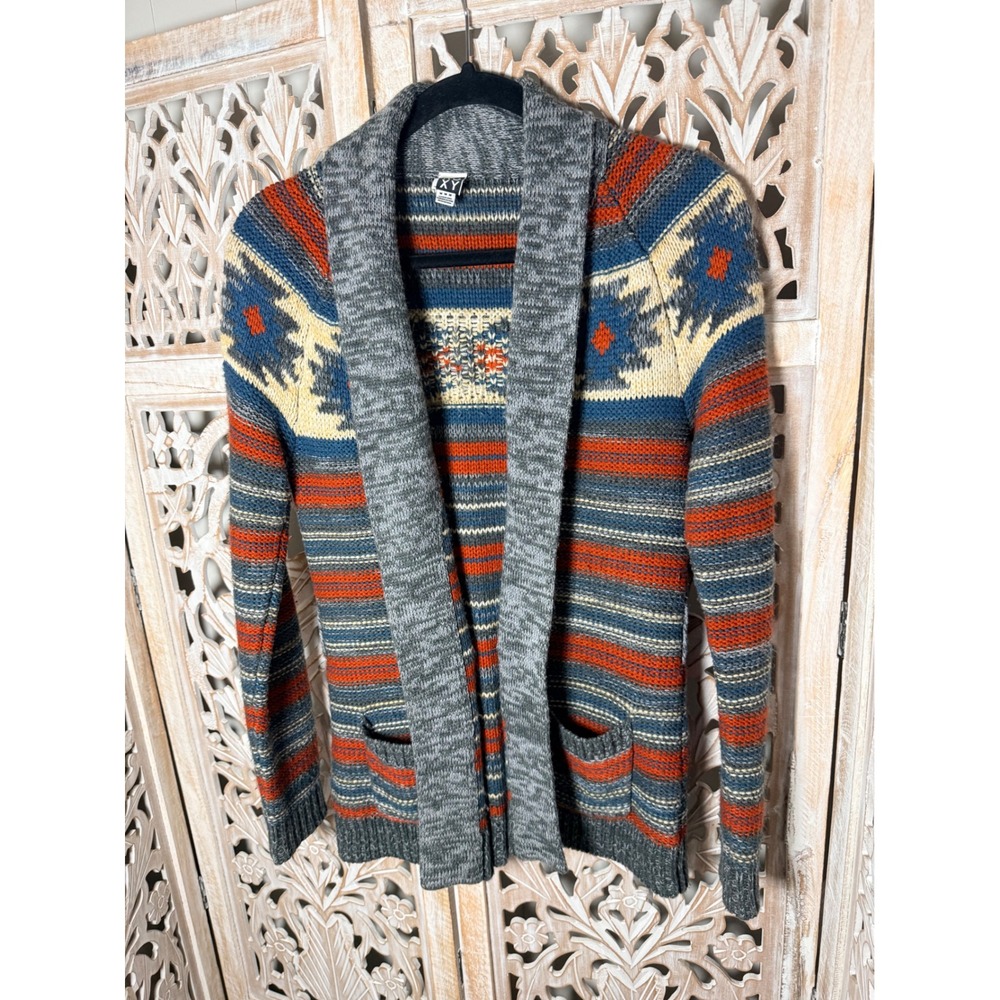 Roxy Women Multi Color Southwestern Striped Shawl Collar Open Front Cardigan M